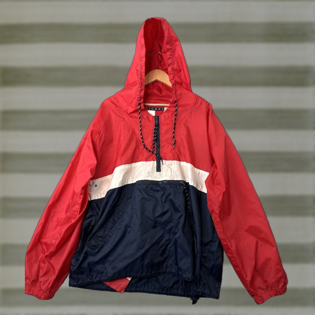 VINTAGE Tommy Hilfiger Jacket Men XL Red White Blue Hooded 