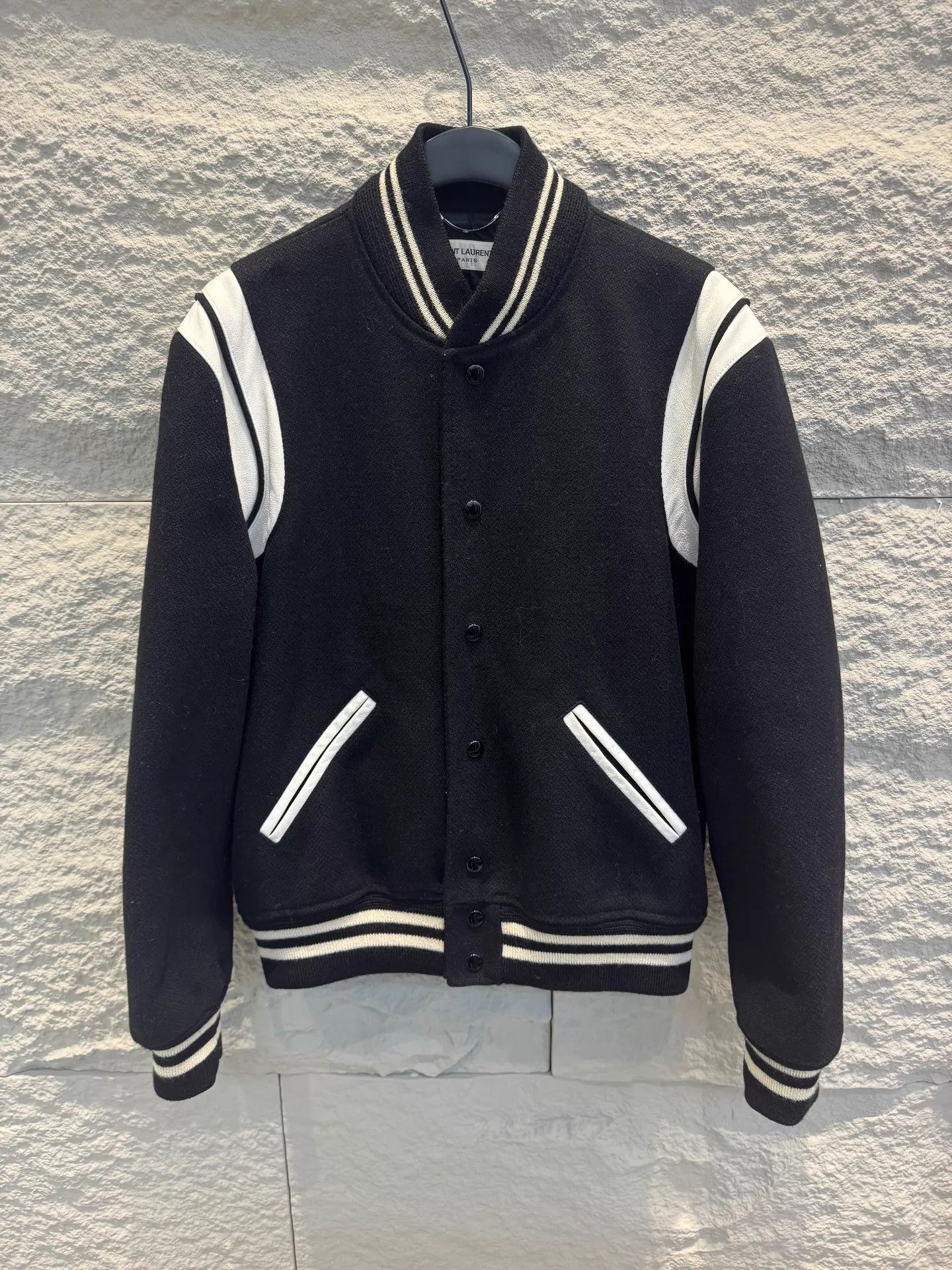 Saint Laurent Paris SL Black & White Leather-Wool Base Jkt 50 IT Unisex Size US M / EU 48-50 / 2 - 1 Thumbnail