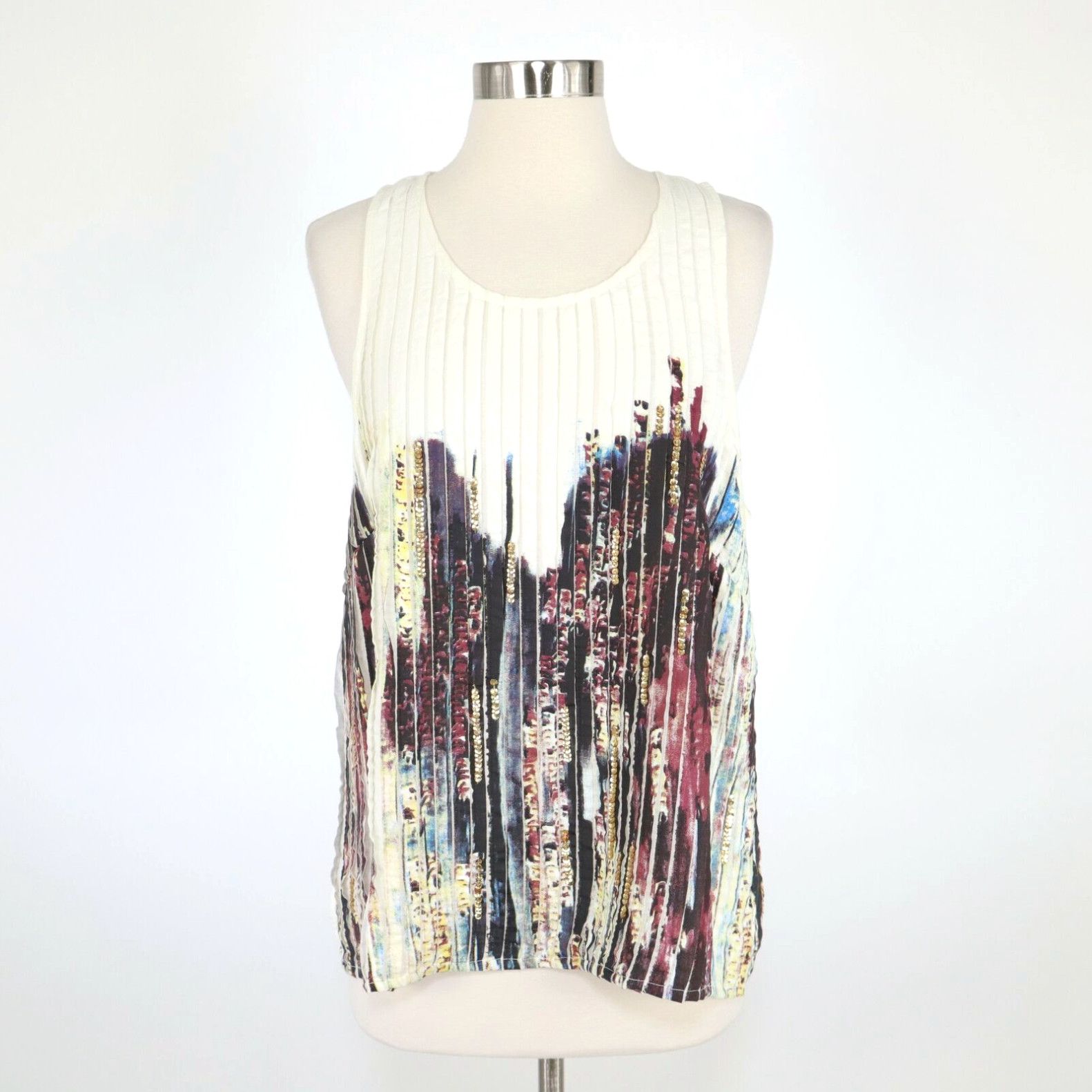 image of Anthropologie Floreat Tank Top Womens 12 New Pleated Ivory Gold Sequins $128 in White (Size XL)