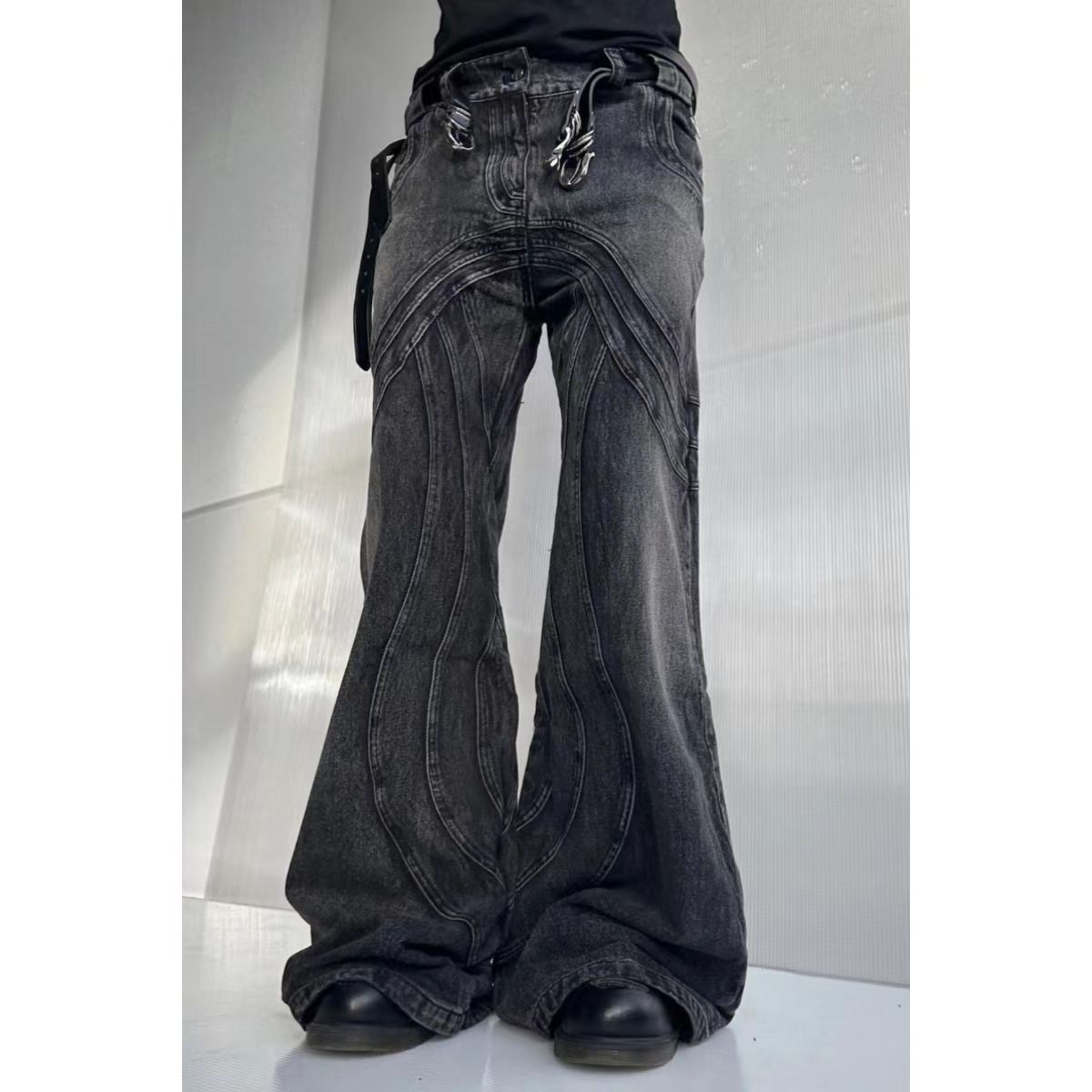 image of Vintage Street Heavyweight Wave Ripple Washed Micro Jeans in Washed Black Gray, Men's (Size 30)