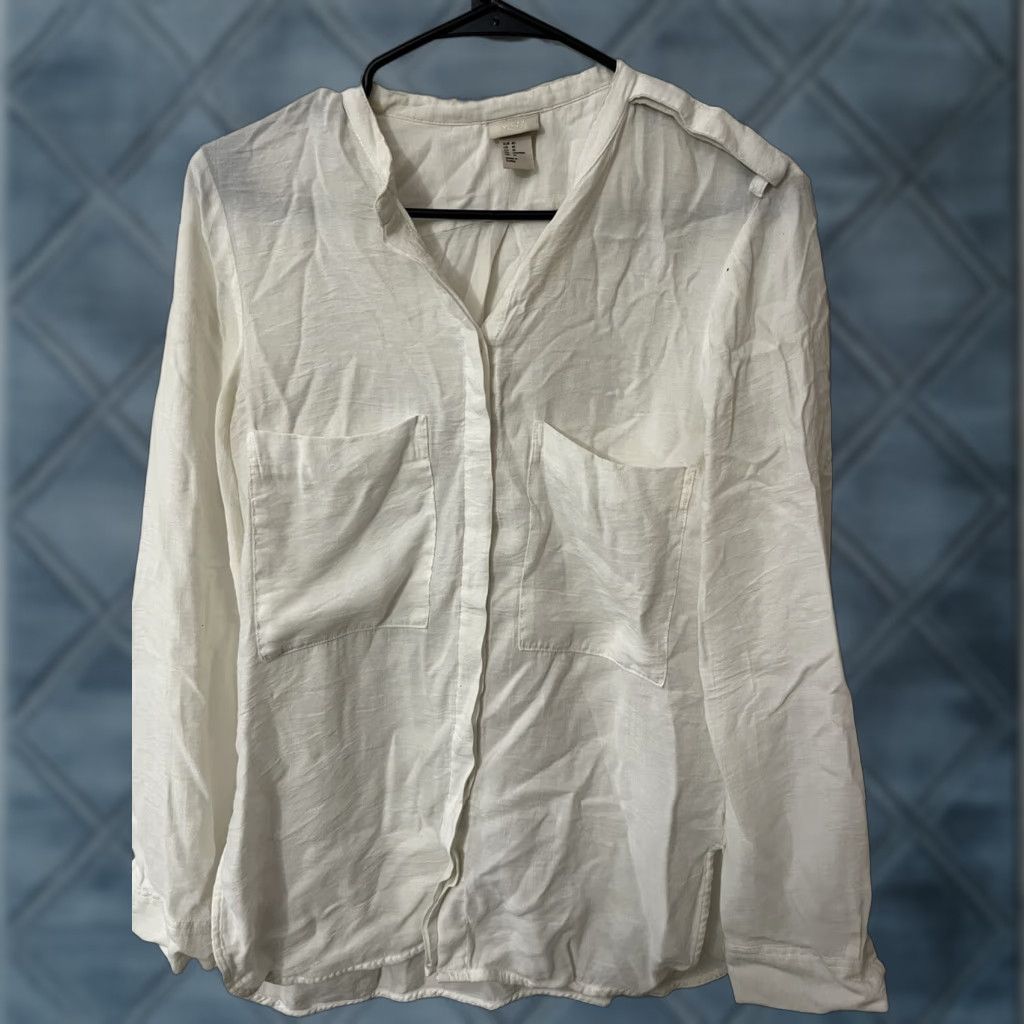 H&M H&M Button Up Pintuck Blouse Womens Top White Long Sleeve Collarless Solid 10 Size L / US 10 / IT 46 - 1 Thumbnail