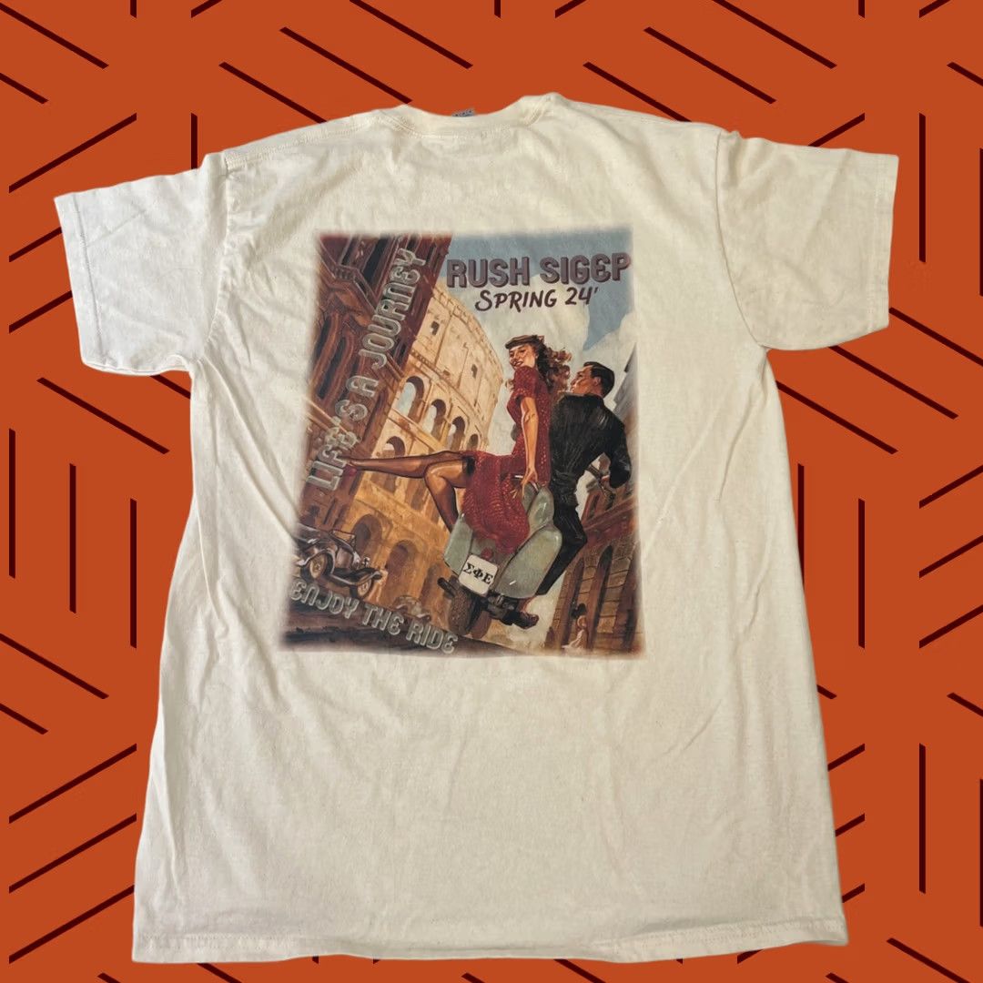 Gildan VINTAGE Sigma Phi Epsilon Tee Men M Ivory 90s Classic College Mobster The Godfather Graphic Print Short Sleeve Crew Neck Life’s A Journey Gallon? Size US M / EU 48-50 / 2 - 1 Thumbnail