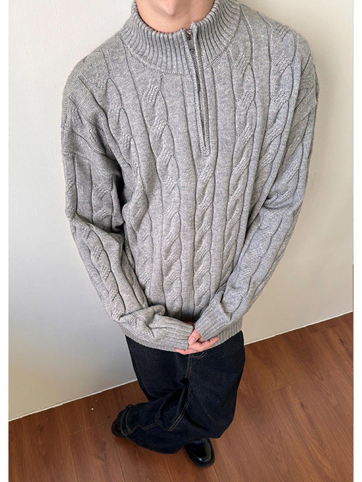 Other Beige Cable Knit Half Zip Sweater, Men's Cozy Knitwear Size US M / EU 48-50 / 2 - 8 Thumbnail