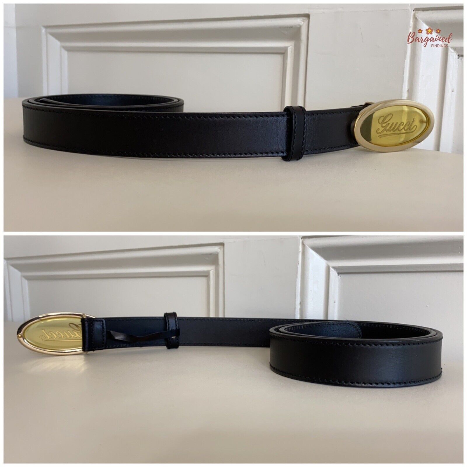 Gucci GUCCI Black Calfskin Leather Gold Script Oval Buckle Belt Size 32 - 2 Thumbnail