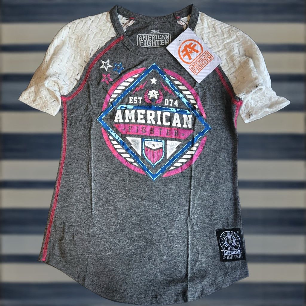 Vintage American Fighter by Affliction Fort Valley Women's SML Grey Pink Graphic T-Shirt Size S / US 4 / IT 40 - 1 Thumbnail