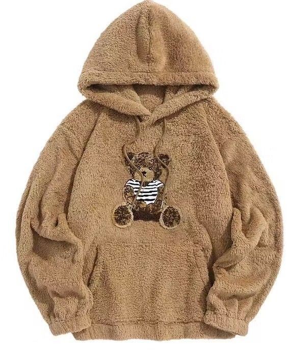 image of Vintage Hoodies For Men Fluffy Teddy Bear Pattern Sweatshirts in Brown (Size Large)