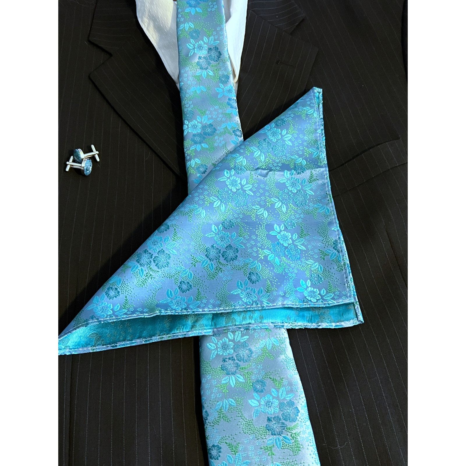 Other Men’s 3 Piece Tie Set Teal Cyan Tie Pocket Square Cufflinks Size ONE SIZE - 2 Thumbnail