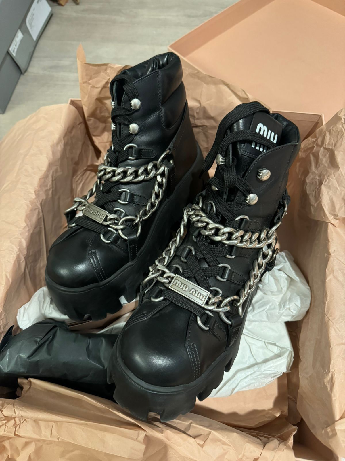 Miu Miu Miu Miu Chain-embellished chunky-sole leather ankle boots Size US 7.5 / IT 37.5 - 3 Thumbnail