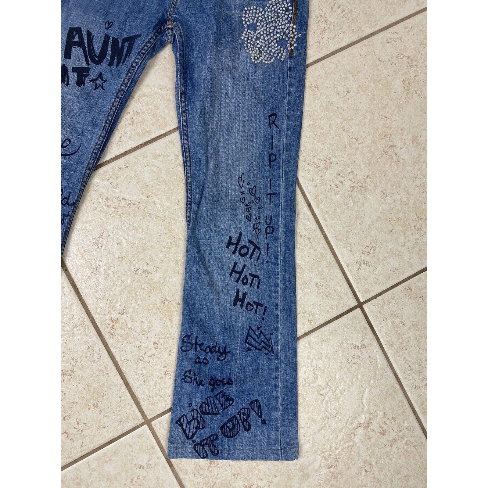 Other VTG Z Cavaricci Denim Jeans Rhinestones Graffiti Bootcut Size 25" / US 0 / IT 36 - 3 Thumbnail