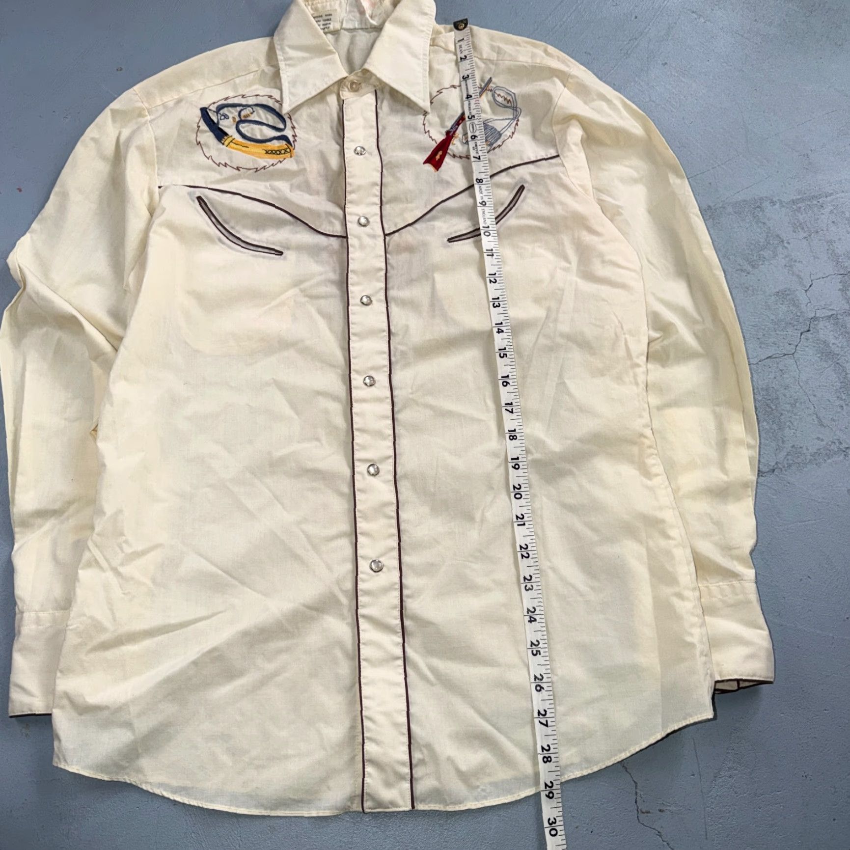Vintage Kennington VTG Rocking K Ranchwear Shirt M Western Button-Up Collared Pearl Snap Embroidered Cotton Blend Beige Mens Retro 70s Western Shirts Size US M / EU 48-50 / 2 - 7 Thumbnail