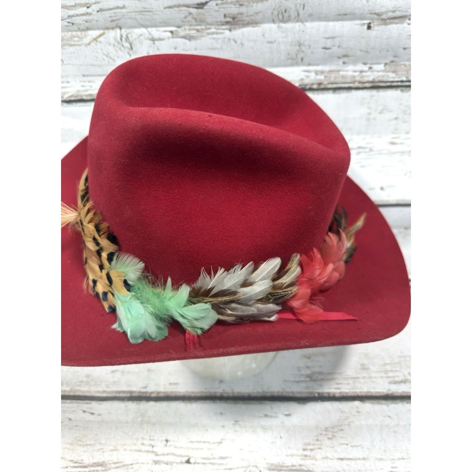 VINTAGE Dynafelt Red Feather Band Cowboy Hat Cap Western Fur 
