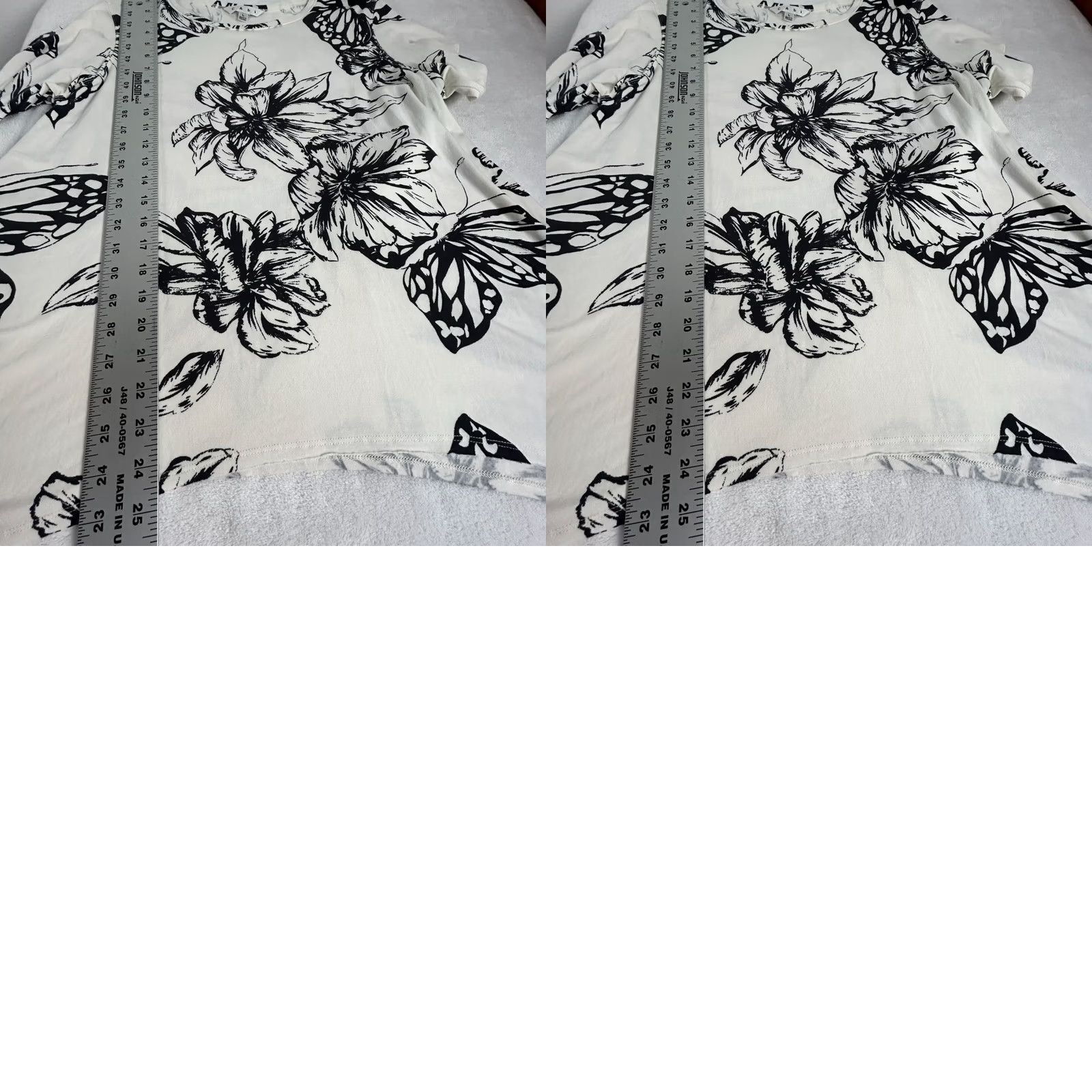 Vintage CAbi Womens Tunic Top - Floral & Butterfly Asymmetrical Hem, Long Sleeve, Stretch, White/Black, Large Size L / US 10 / IT 46 - 8 Thumbnail