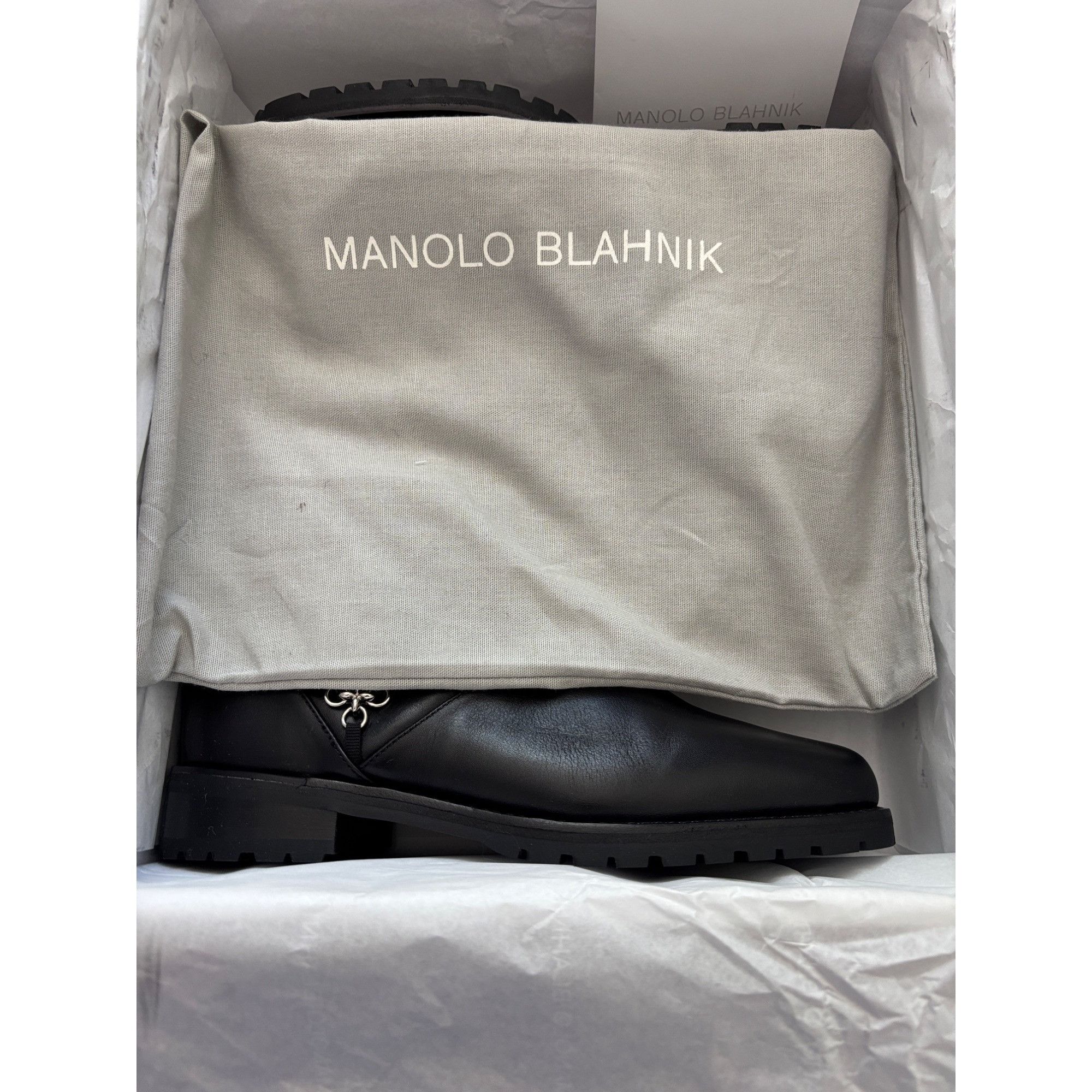 Manolo Blahnik Manolo Blahnik Black Leather Ankle Boots With Silver Chain E Size US 7.5 / IT 37.5 - 14 Thumbnail