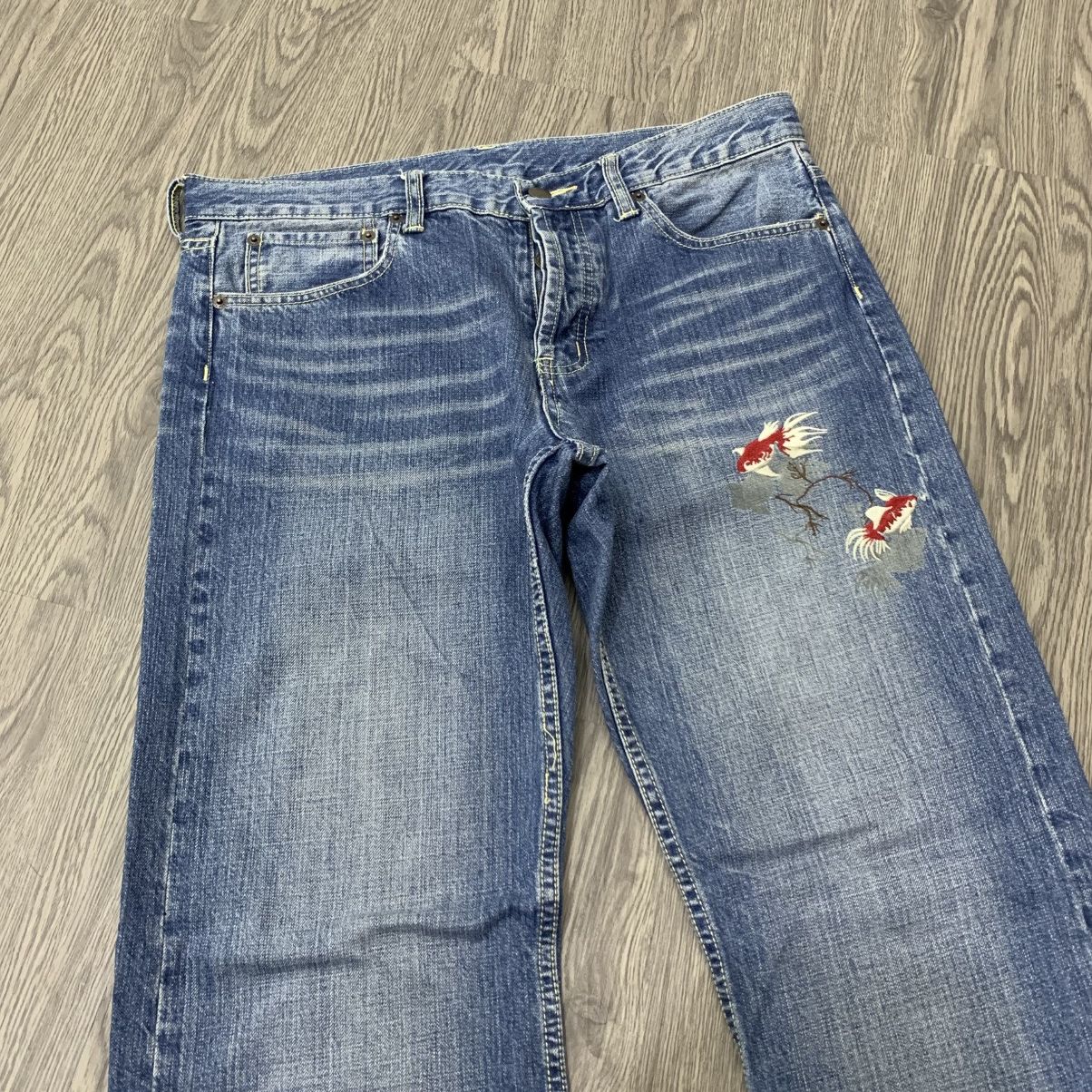Takeo Kikuchi 🇯🇵TAKEO KIKUCHI Embroidered Fishh Japanese Motif Jeans🇯🇵 Size US 35 - 2 Thumbnail