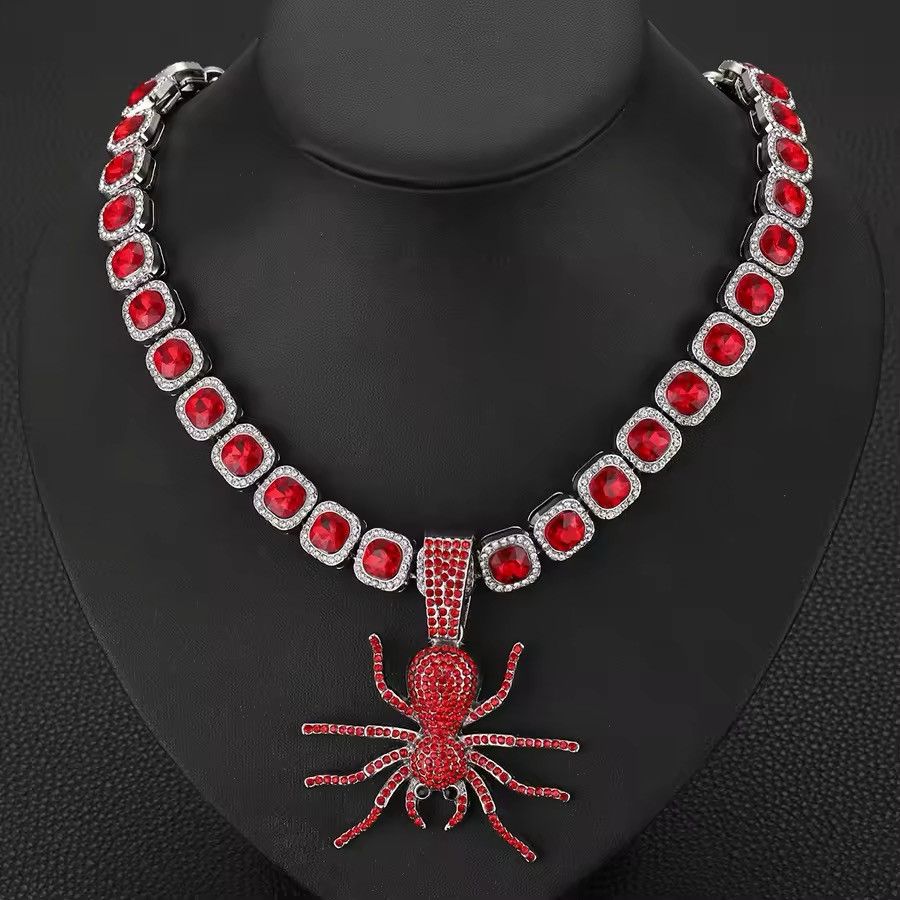 Jewelry × Vintage Retro Punk Rhinestone Ruby Necklace Spider Chain Square Size ONE SIZE - 1 Thumbnail
