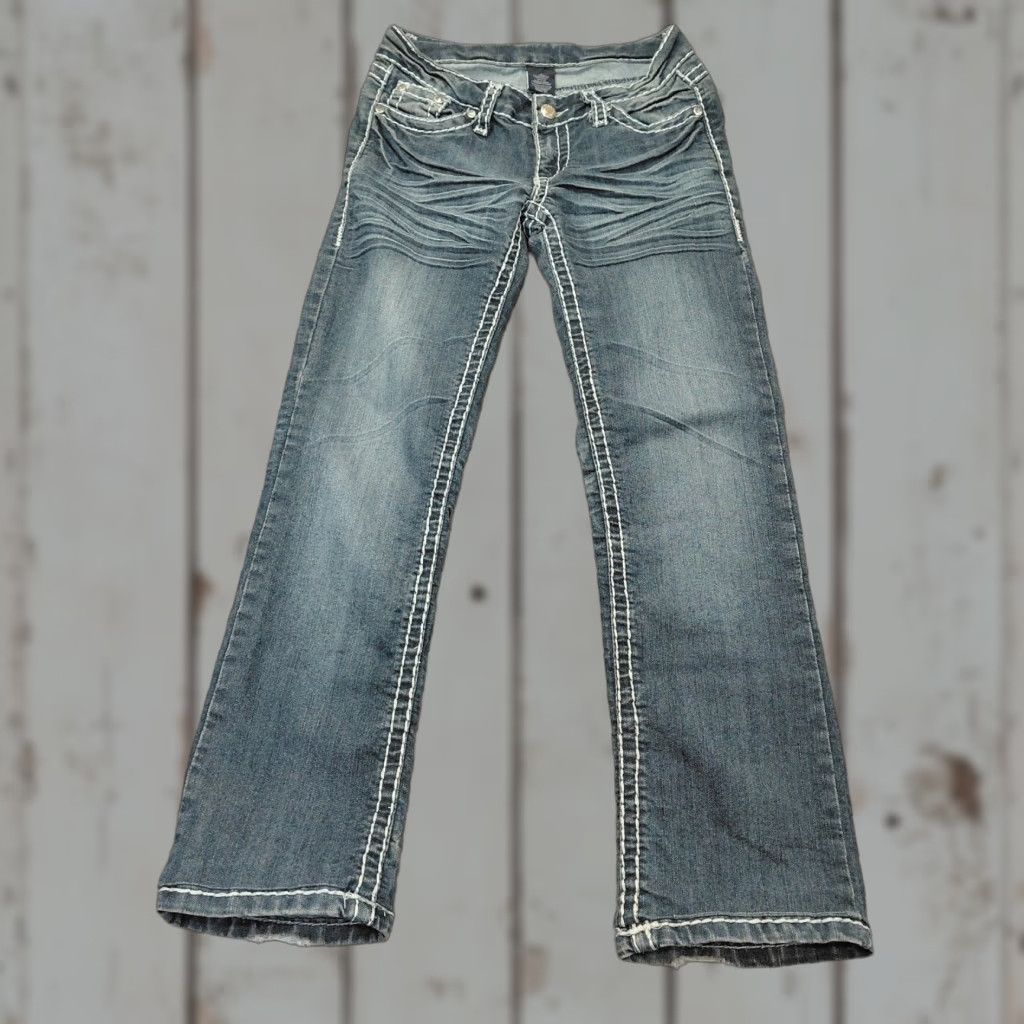 Miss Me Unbranded Signature Jeans Women's Size 4 Straight Embroidered Studded Mid Rise Dark Blue Jeans Ladies Women's 4 Pockets Distressed Bling Size 27" / US 4 / IT 40 - 1 Thumbnail