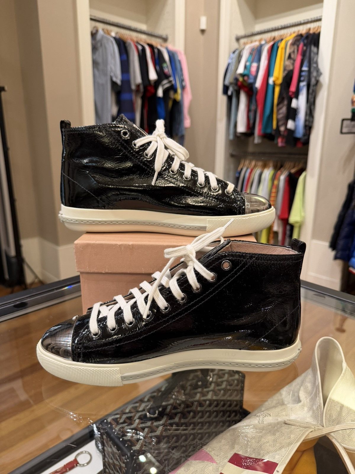 Miu Miu Miu Miu Patent Leather High Top Sneakers Size US 8 / IT 38 - 2 Thumbnail