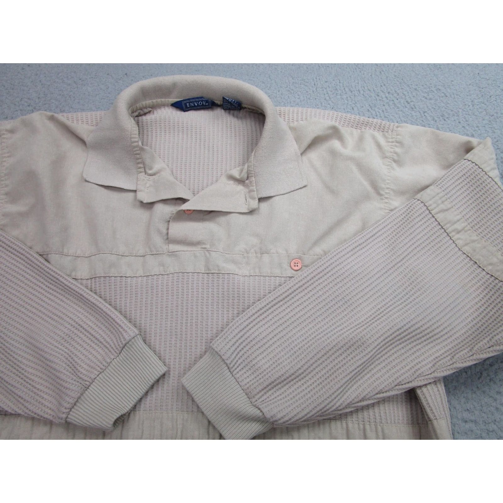 Vintage VINTAGE Envoy Sweater Mens XL Textured Knit Waffle Pullover Banlon 90s Beige Collared Knit Shirt-StylePullover Mens XL Beige 90s Size US XL / EU 56 / 4 - 2 Thumbnail