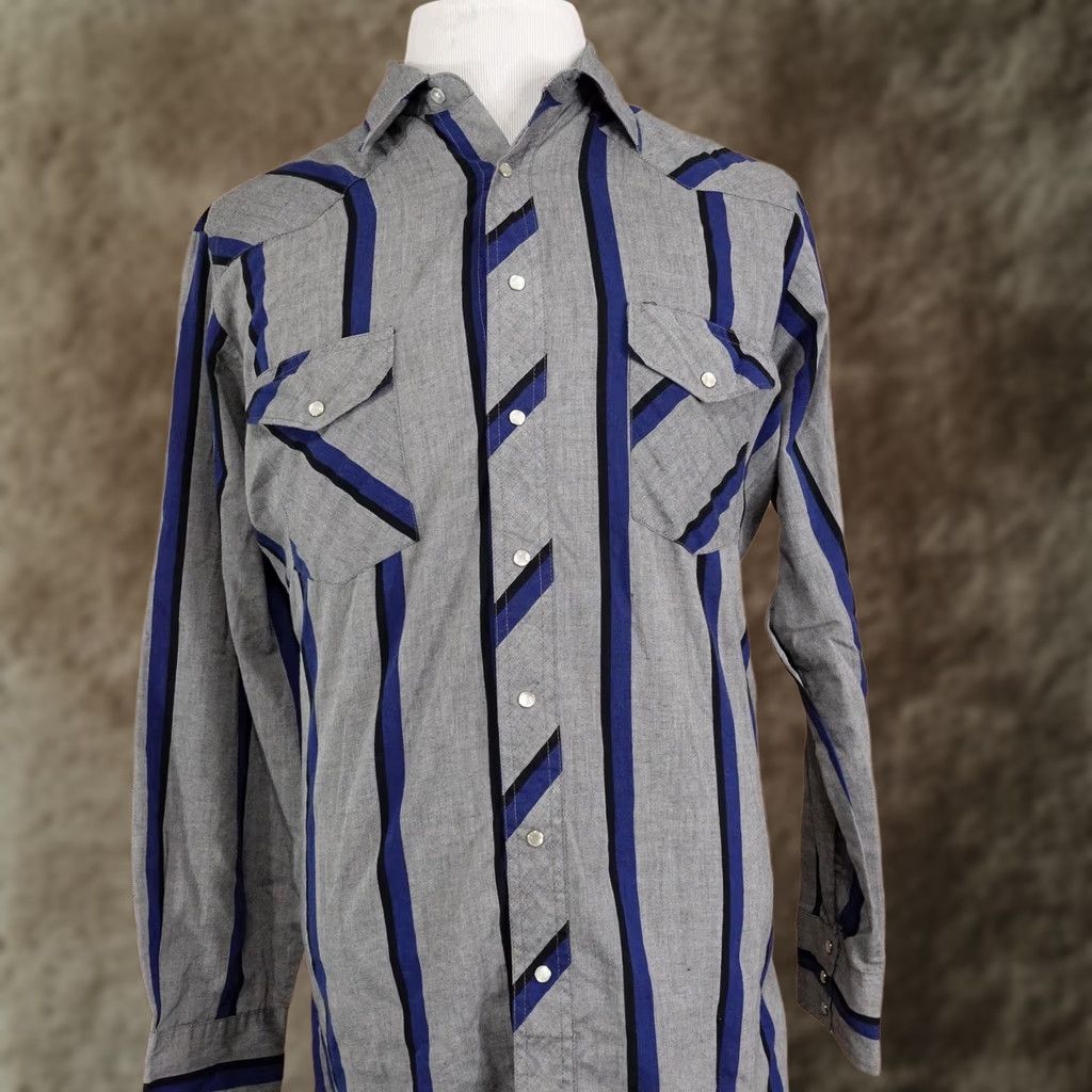 Wrangler Wrangler Shirt Mens L Gray Striped Long Sleeve Button-Up Western Pearl Snap Size US L / EU 52-54 / 3 - 1 Thumbnail
