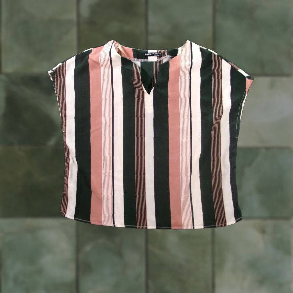 Shein SHEIN Blouse Womens Multicolor Short Sleeve V-Neck Striped Casual Chic Spring Summer Relaxed Lightweight Polyester Machine Washable Size L / US 10 / IT 46 - 1 Thumbnail