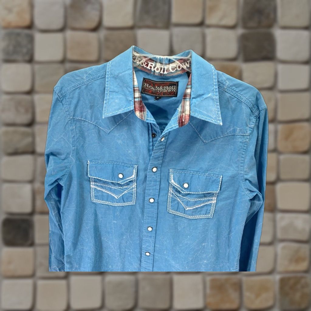 Vintage Rock Roll Cowboy Pearl Snap Shirt Men Small Turquois Blue Long Sleeve Western Shirt Mens S Blue Western Pearl Snap Shirt Size US S / EU 44-46 / 1 - 1 Thumbnail
