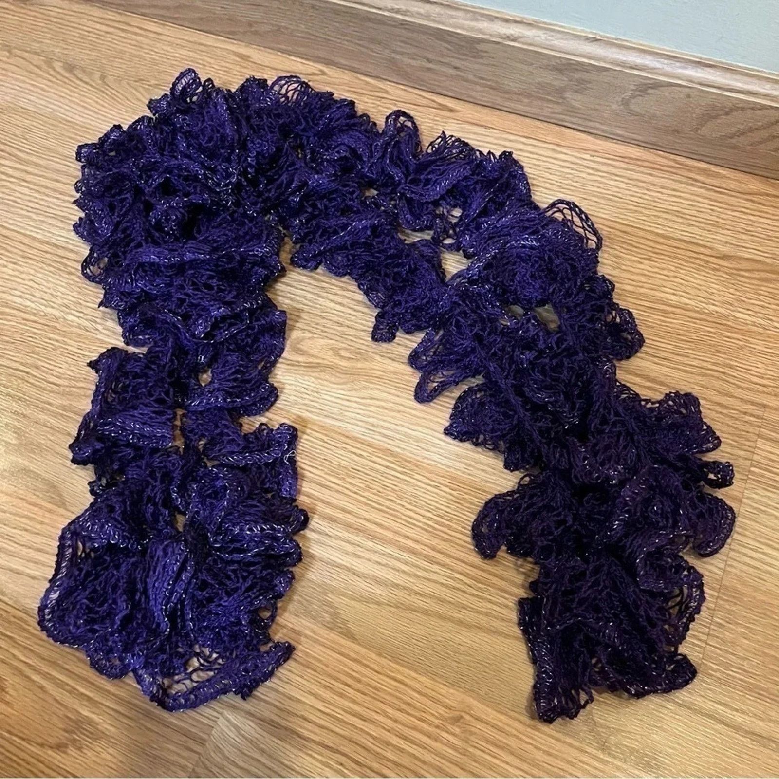 Handmade Fashion Handmade Crochet Ruffle Lace Scarf Purple Extra Long Size ONE SIZE - 1 Thumbnail