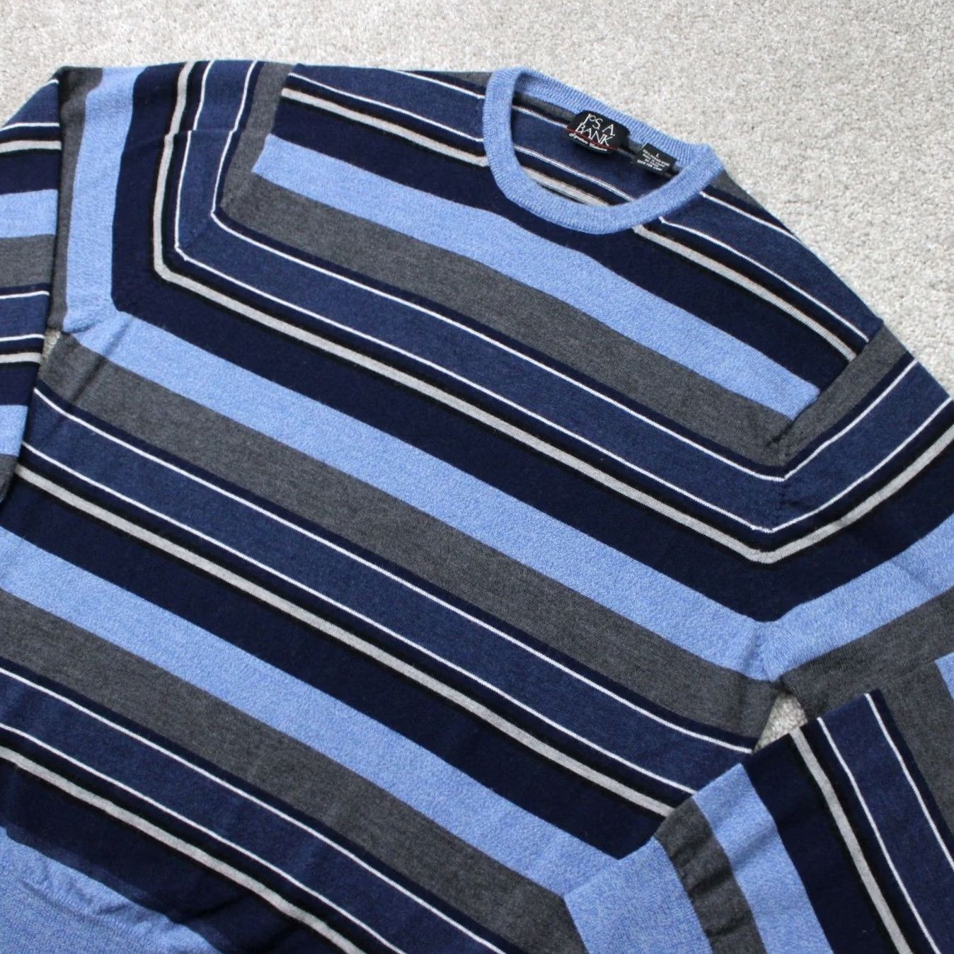 Jos. A. Bank Jos. A. Bank Sweater Men Large Blue Striped 100% Merino Wool Crewneck L/S Pullover Size US L / EU 52-54 / 3 - 2 Thumbnail