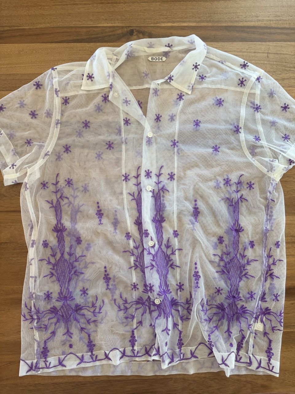Bode Sheer Botanical Embroidered Short Sleeve Shirt — L