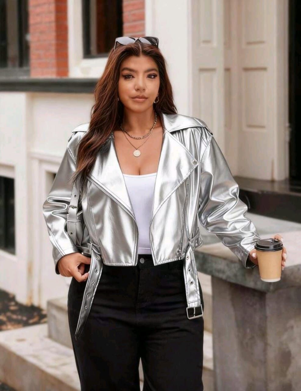 Other Women’s Silver Faux Leather Biker Jacket – Cropped Fit ✨🔥 Size M / US 6-8 / IT 42-44 - 5 Thumbnail