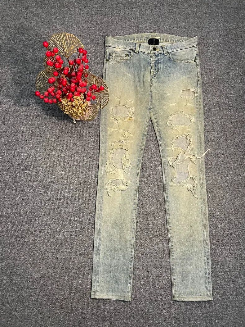 Saint Laurent Paris Mud Stained Destroyed Blue Denim Jeans