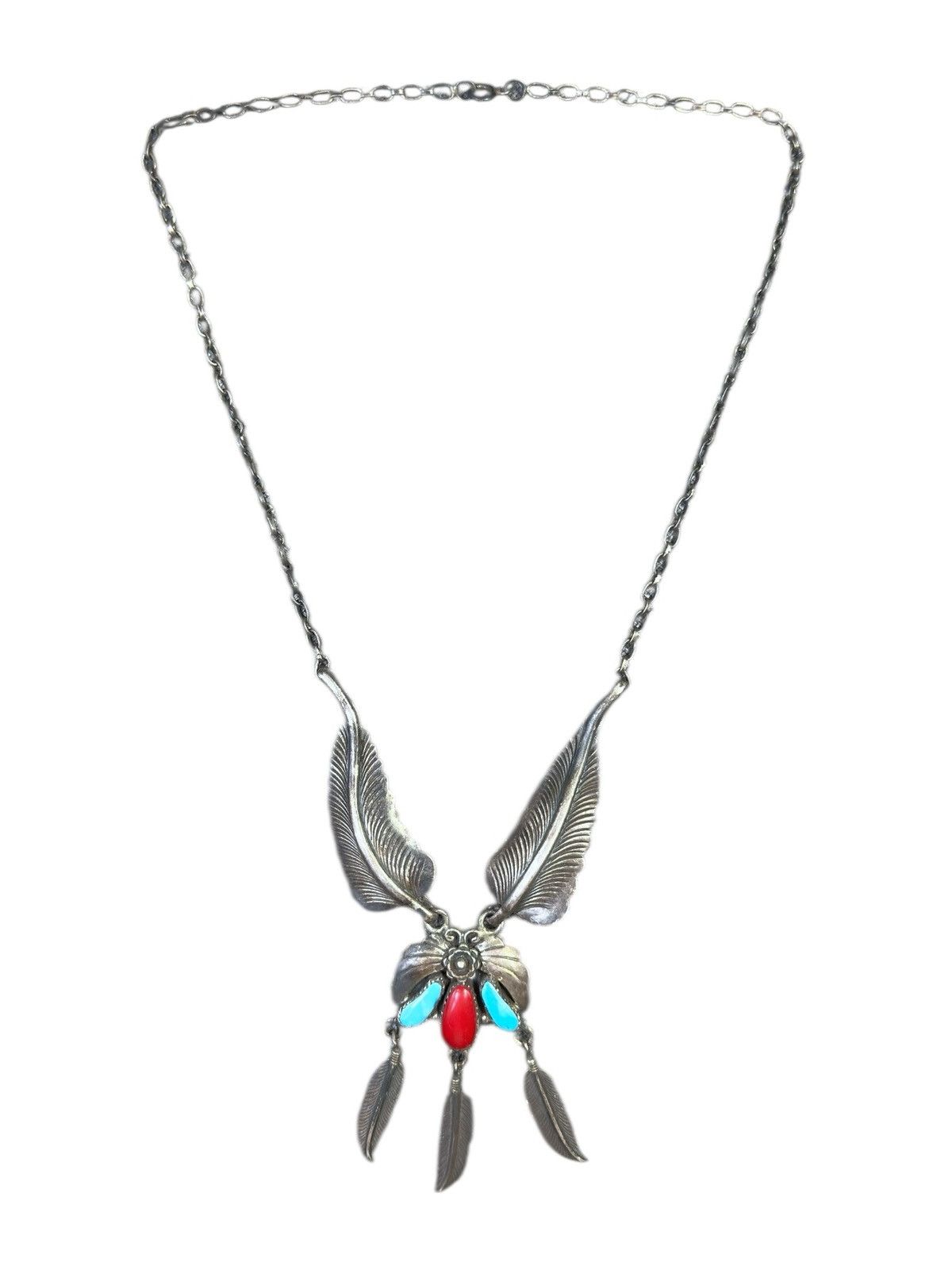Vintage 90s NAVAJO STERLING SILVER WITH CORAL AND TURQUOISE NECKLACE Size ONE SIZE - 2 Thumbnail