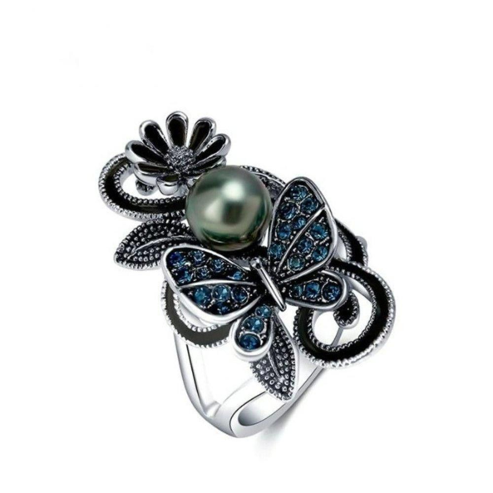 Designer Vintage Navy Blue Pearl Butterfly Silver Flower Ring- Size 7 Size ONE SIZE - 3 Thumbnail