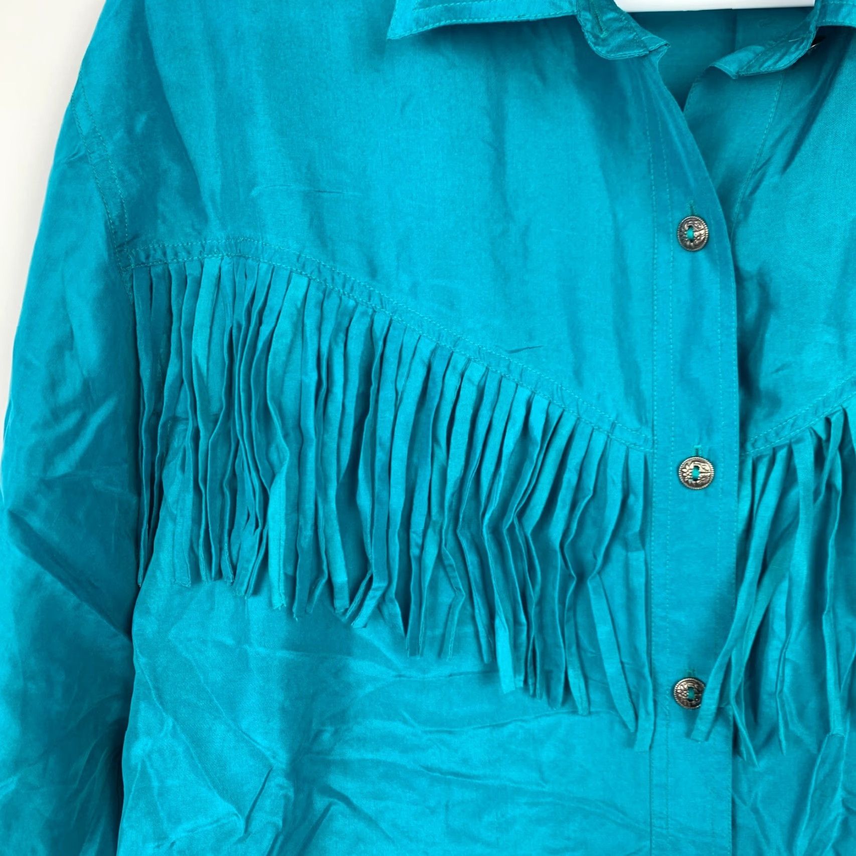 Vintage VINTAGE Nuggets Silk Fringe Button Up Shirt Top Blouse Womens Small TEAL Silk 1990s Grunge Shirt Mens? Size S / US 4 / IT 40 - 2 Thumbnail