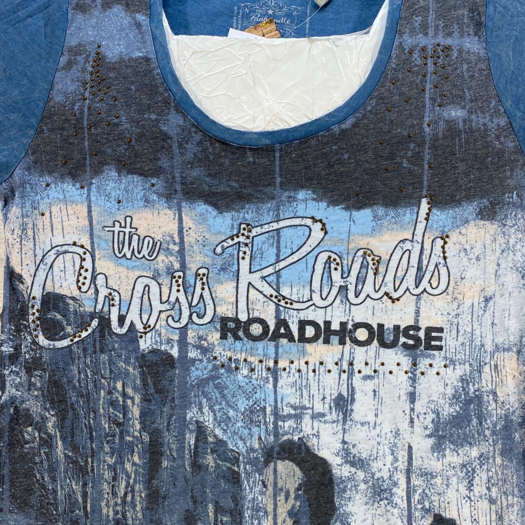 Vintage VINTAGE Panhandle Womens Medium Blue Shirt Short Sleeve Graphic Cowgirl Horses Boots Size M / US 6-8 / IT 42-44 - 3 Thumbnail