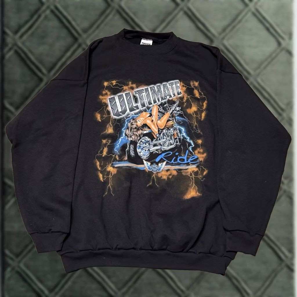 Vintage VINTAGE CMJ Sportswear Sweatshirt XL 2XL Biker Girl Lightning Harley Easyriders Black Crew Neck Graphic Print Pullover Men's 90s Grunge USA Rock Shirt Size US XXL / EU 58 / 5 - 1 Thumbnail