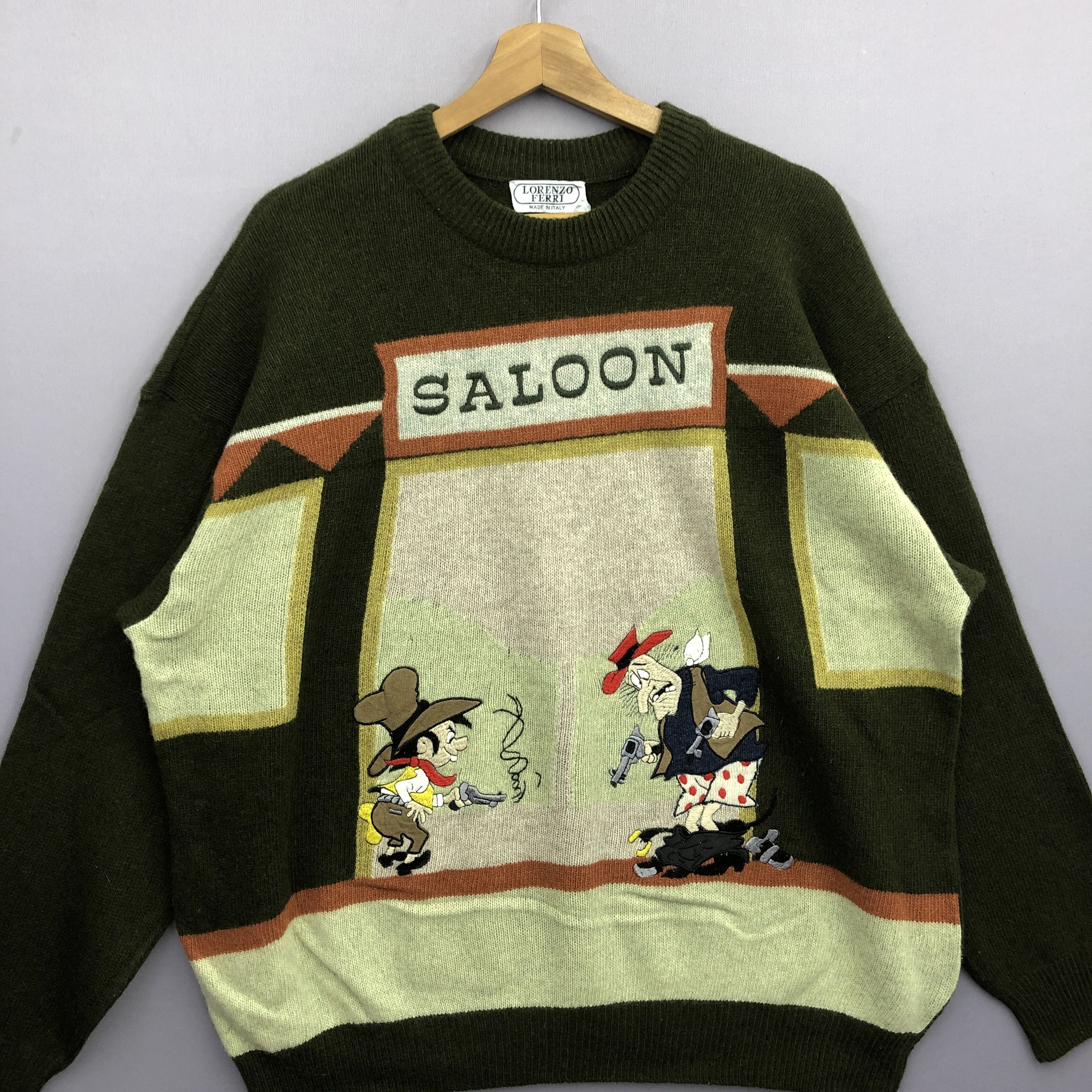 Homespun Knitwear Vintage Lorenzo Ferri Saloon Cartoon Knit Sweater Sweatshirt Size US XL / EU 56 / 4 - 2 Thumbnail