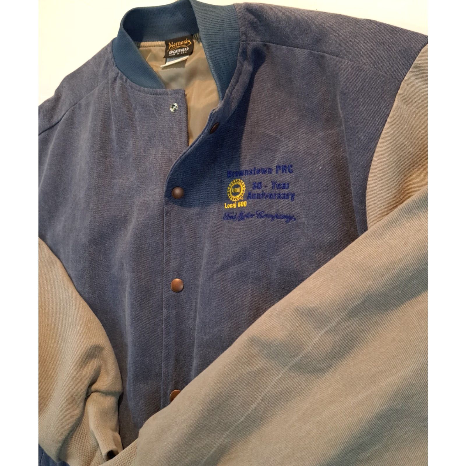 Ford Ford Motor Co. 30 YR Anniversary Full Button Bomber Jacket Men L Blue United States Union Made UAW Local 600 Nemesis USA Size US L / EU 52-54 / 3 - 6 Thumbnail