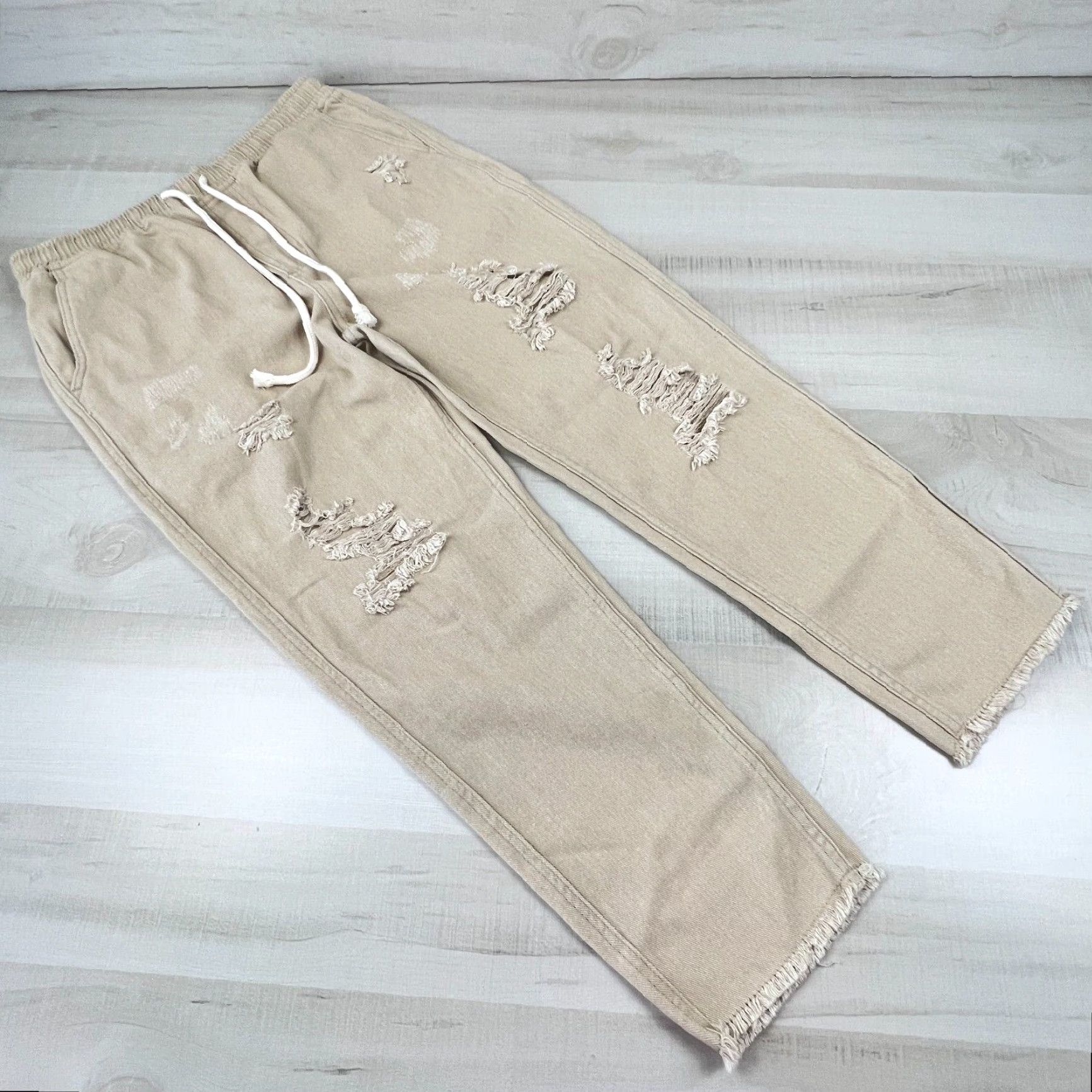 Vintage Mora Women's Distressed Denim Jeans Large Khaki Elastic Waist High Rise Size 36" / US 14 / IT 50 - 7 Thumbnail