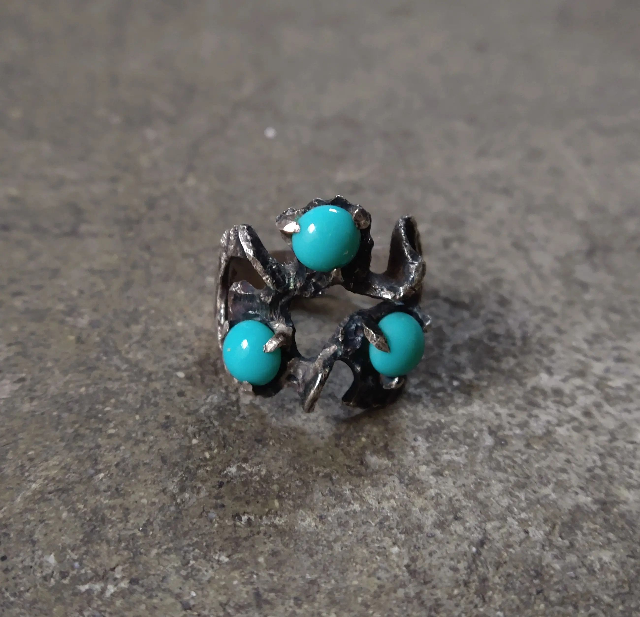 Jewelry Vintage Sterling Silver Ring Turquoise 6.5 Brutalist Modern Size ONE SIZE - 4 Thumbnail
