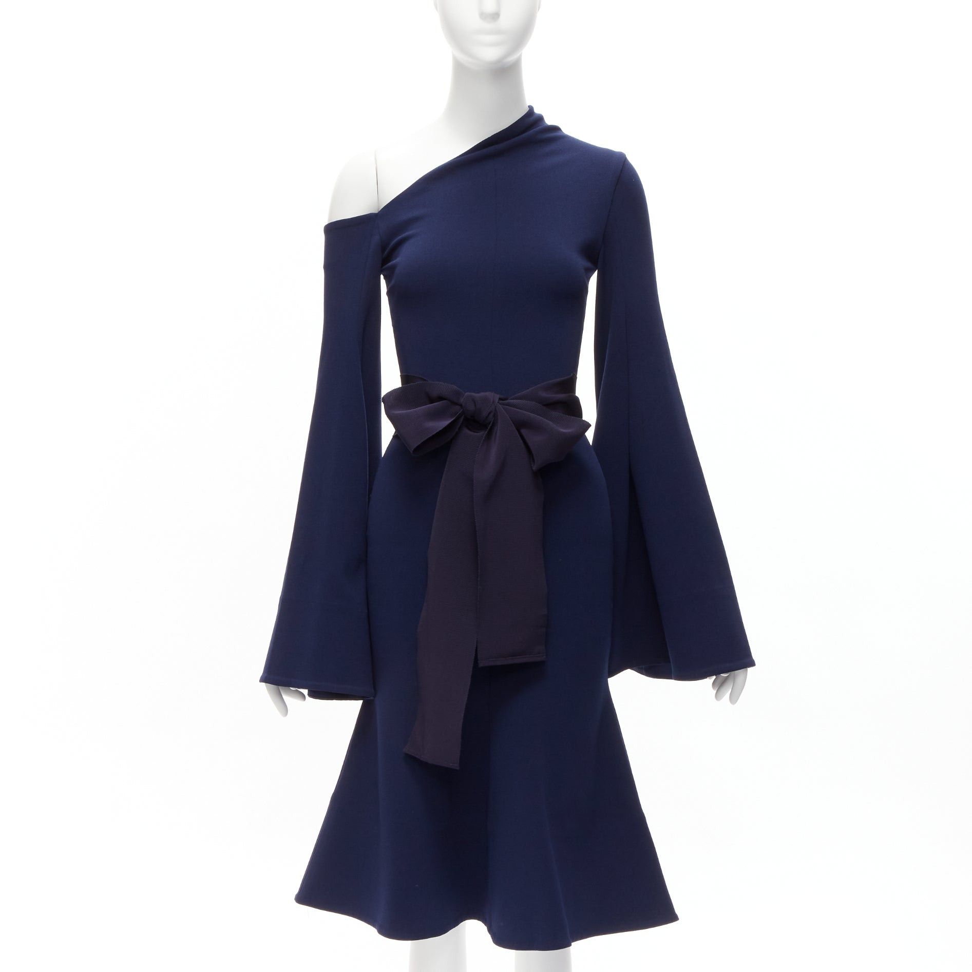 Solace London SOLACE LONDON Haso navy blue asymmetric stretch crepe bell sleeves belted dress UK4 XXS Size XS / US 0-2 / IT 36-38 - 1 Thumbnail