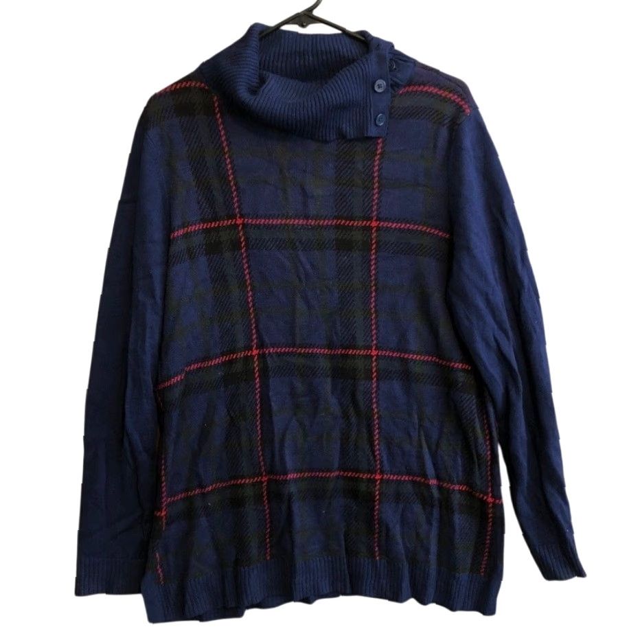 Talbots Talbots Womens Sweater Blue Multicolor Plaid Split Cowl Neck Stretch Large Size L / US 10 / IT 46 - 2 Thumbnail