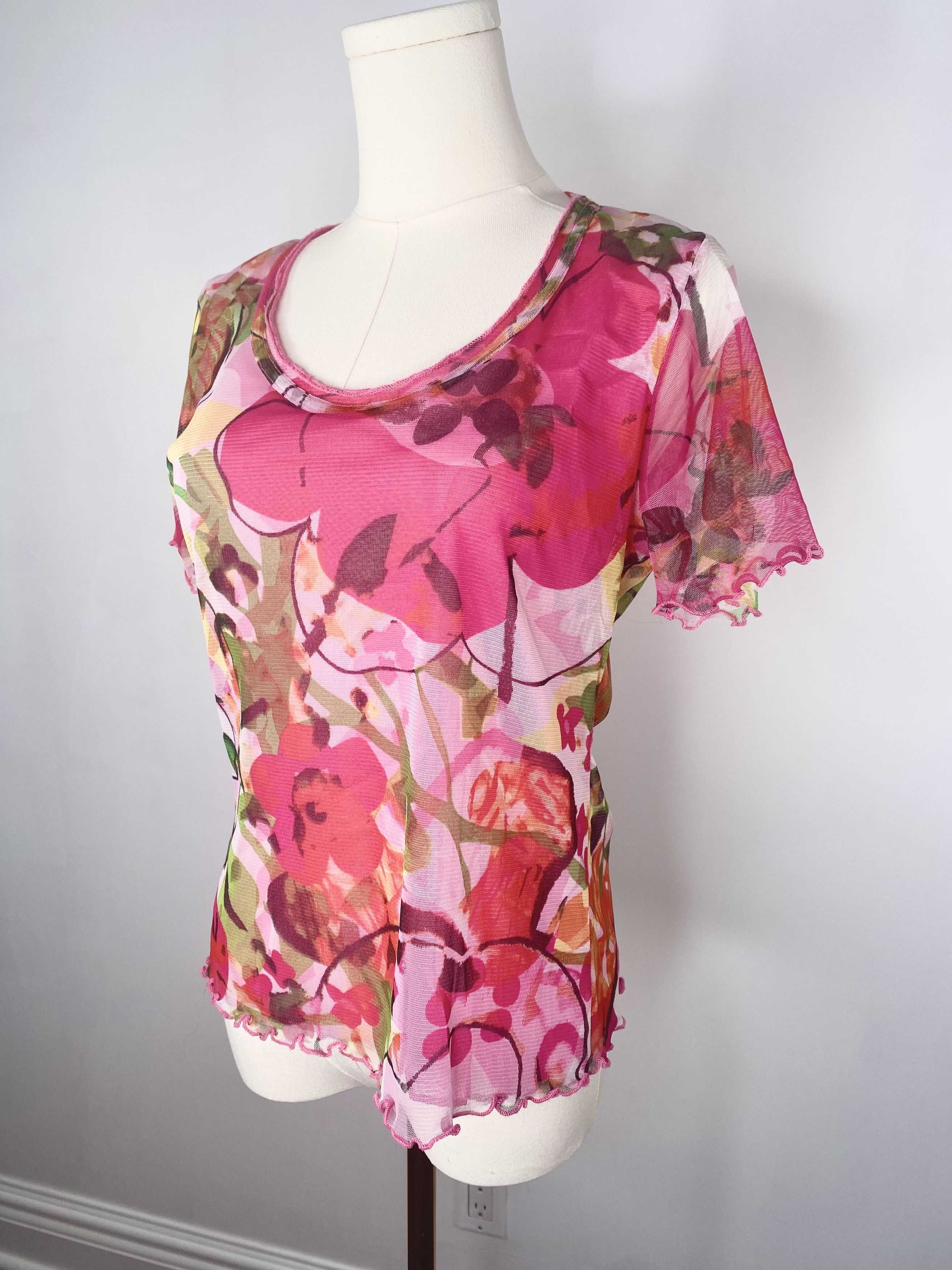 Other Pink Floral Mesh Shirt - Peruggi Italian Designer Vintage Size S / US 4 / IT 40 - 1 Thumbnail