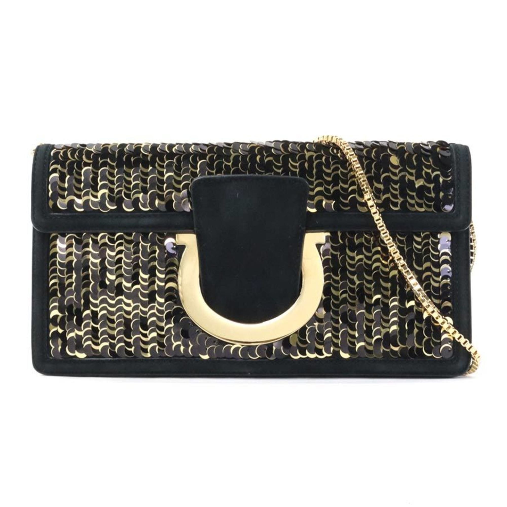 Salvatore Ferragamo Salvatore Ferragamo Shoulder Bag Clutch Gancini Sequin Nubuck Black Gold Women's e60495g Size ONE SIZE - 1 Thumbnail