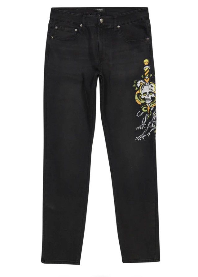 image of Christian Audigier x Ed Hardy Dagger Skull Slim Taper Jean Msrp $150 in Black, Men's (Size 38)