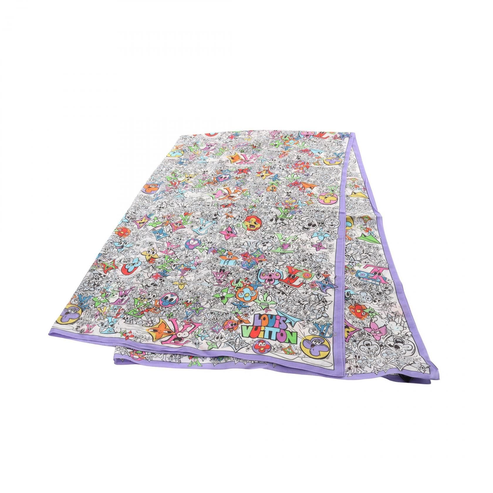 Louis Vuitton Louis Vuitton Monogram Comics Stall Shawl Silk White Purple Multicolor Size ONE SIZE - 1 Thumbnail