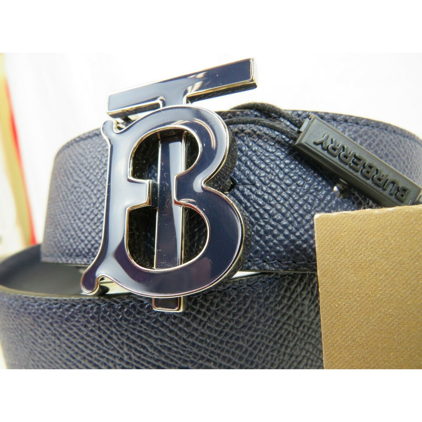 Burberry BURBERRY TB 35 BLUE LEATHER ENAMEL BUCKLE LOGO BELT 90 36 IT Size 36 - 1 Thumbnail