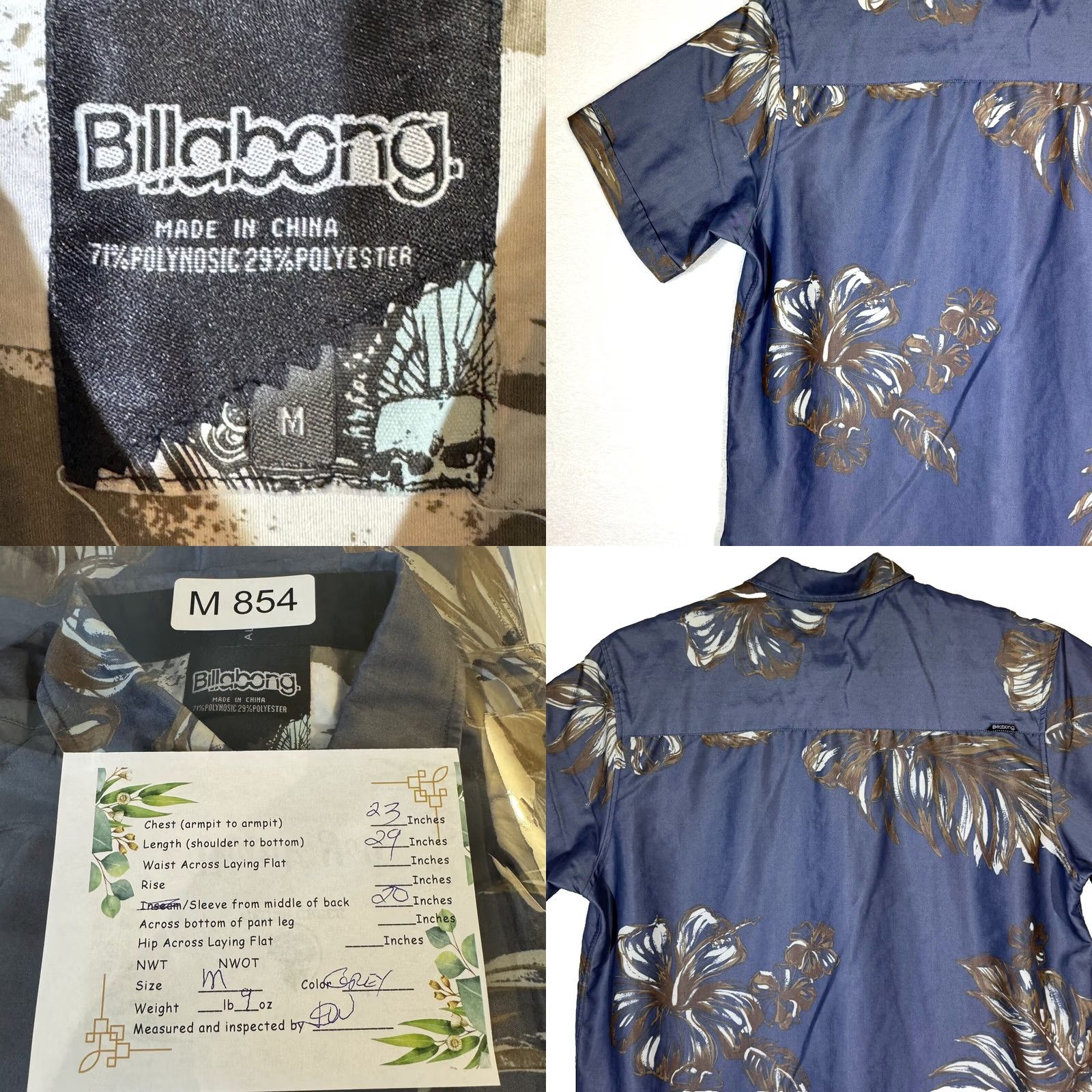 Billabong Billabong Men's Shirt Casual Button-Up Short Sleeve Gray Floral 100% Cotton Medium Size US M / EU 48-50 / 2 - 8 Thumbnail