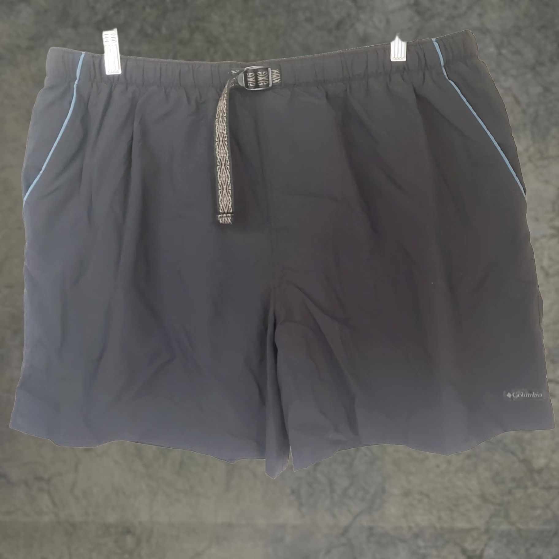 Vintage Columbia Swim Shorts Mens 2XL Belted Black Trunks Lined Nylon Polyester Breathing Inside Pockets Sportswear Beach Going Out Logo Size US 39 - 1 Thumbnail