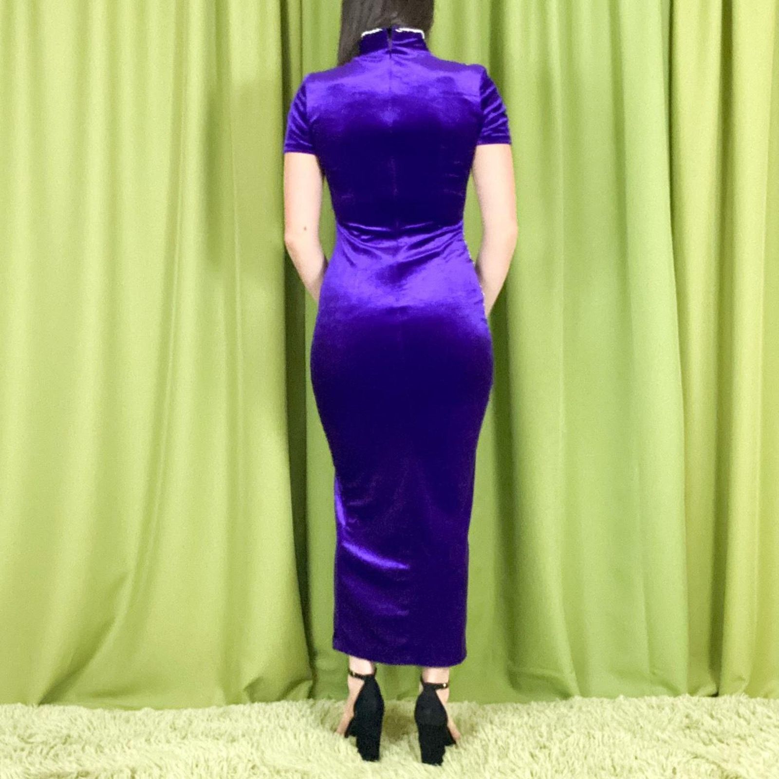 Vintage 80s Vintage Purple Velvet Beaded Sequin Bodycon Midi Dress Size S / US 4 / IT 40 - 4 Thumbnail