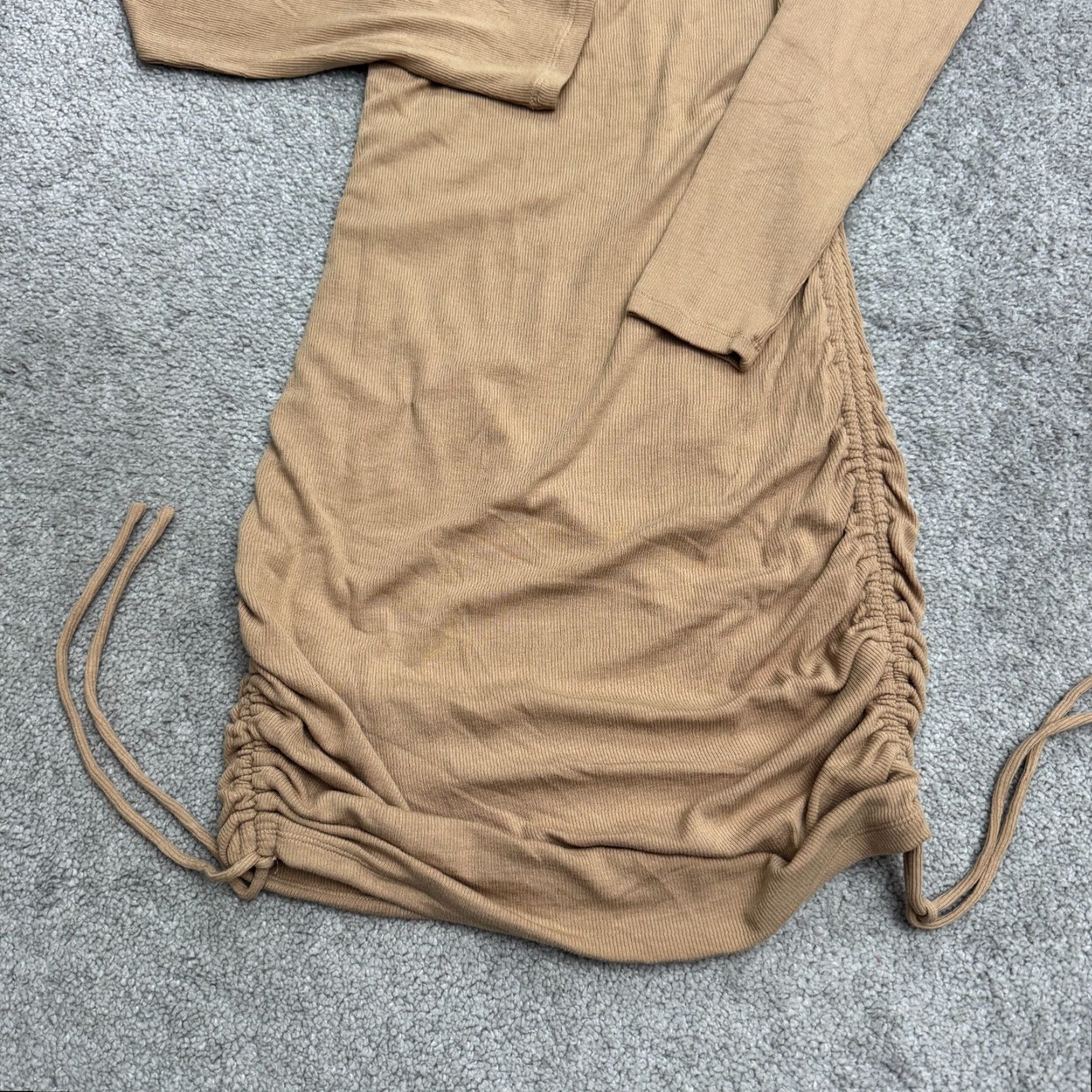 Vintage Hello Molly Dress Womens Medium Tan Brown Ribbed Knit Bodycon Ruched Midi NWT Size M / US 6-8 / IT 42-44 - 5 Thumbnail